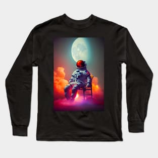 Astronaut sitting on a chair  with red clouds around in space with moon in the background Long Sleeve T-Shirt